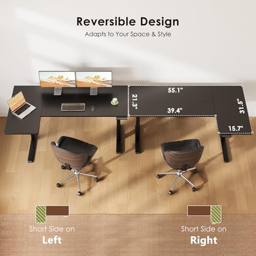OffiGo Electric L Shaped Standing Desk, 55 Inches Height Adjustable Table, Reversiable Corner Stand Up Desk, Lifting Computer Table for Home Office, Computer Workstation, Carbon Fiber Black