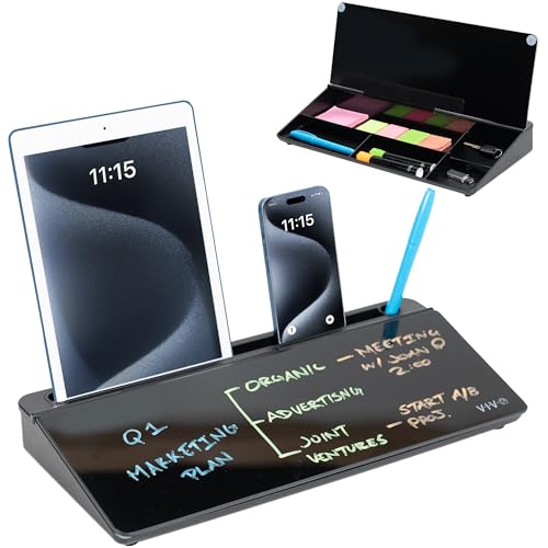 Vivo Glass 16 x 7 inch Dry Erase Board with Storage, Desktop Whiteboard Organizer with Hidden Compartments and Device Slot, Black, DESK-WB16B