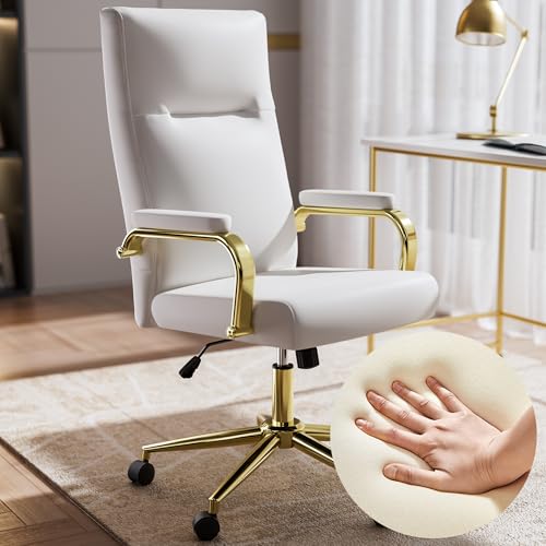GXJ White and Gold Office Chair with Memory Foam Seat, Computer Desk Chair