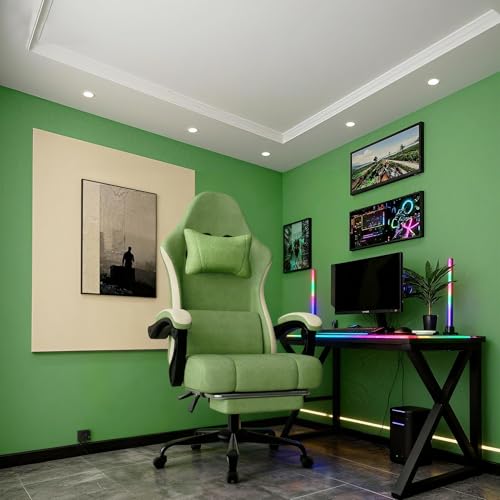 HOTOSYCH Gaming Chair, High Back Fabric Computer Chair with Pocketed Spring Cushion and Footrest, Height Adjustable Game Chair with Headrest and Lumbar Support (Beige & Green)