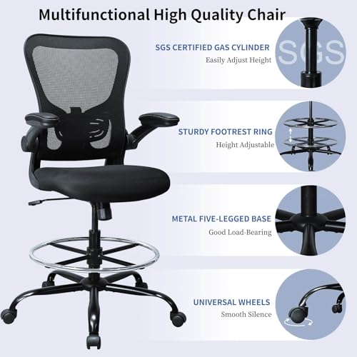 Drafting Chair, Ergonomic Tall Office Chair for Standing Desk, Counter Height Desk Chair with Adjustable Padded Armrests and Footrest Ring Standing Desk Chair Adjustable Height with Lumbar Support