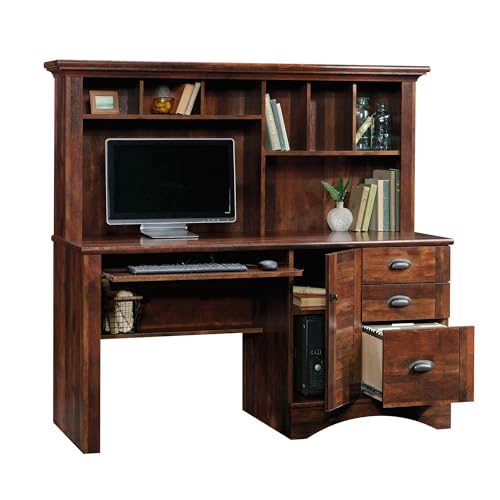 Sauder Harbor View Home Office Computer Desk with Hutch, Keyboard Tray, in Curado Cherry finish