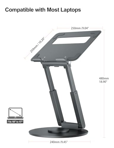 tounee Telescopic Laptop Stand for Desk with 360° Swivel Base, Sit to Stand, Height Adjustable, Portable Riser Holder for Good Posture, Compatible with MacBook Pro, All Laptops 10-17"-Gray
