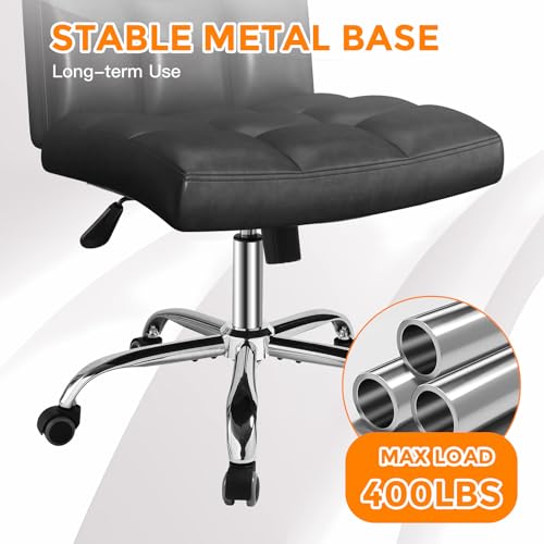 OUTMASTER Black Office Chair with Wheels - 360° Swivel Armless Back Support，Comfortable Pu Adjustable Rolling Desk Chairs for Office，Home，Vanity，Bedroom，Big Space (Widened Black)
