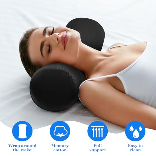 Wenqik 2 Pcs Lumbar Support Pillow Lumbar Roll Lower Pillow Office Seat Cushion with Adjustable Strap and Washable Cover for Travel Gaming Chair Car Seat Pain Relief(Black)