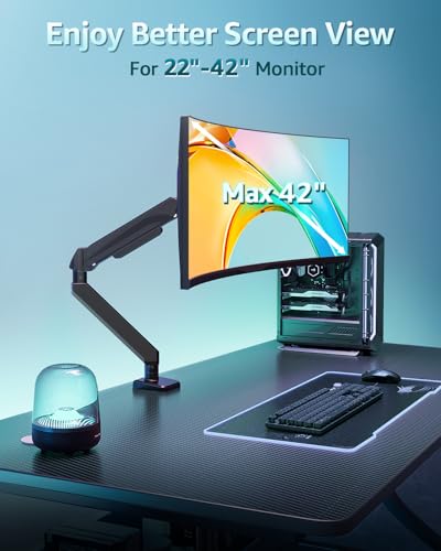 ErgoFocus Heavy Duty Single Monitor Arm for Max 42 Inch Screens, Monitor Mount for Desk Supports 4.4-33 lbs, Height Adjustable Ultrawide Monitors Stand with C-Clamp & Grommet Base, VESA Mount 70/100