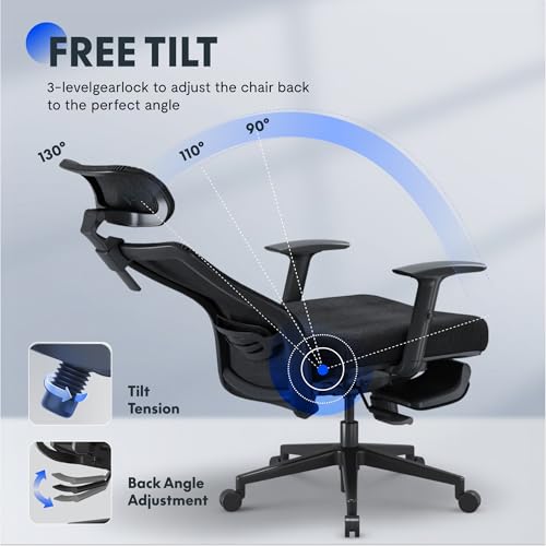 FLEXISPOT Ergonomic Office Chair with Footrest, Mesh High Back Computer Chair, Home Office Desk Chairs, with Adjustable Lumbar Support/2D Headrest/Reliable Base, Breathable Mesh Seat, Black, OC3 AIR-F