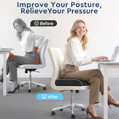 SofterCharm Seat Cushion, Memory Foam Office Chair Cushions for Long Sitting Hours, Chair Pad for Sciatica, Coccyx, Tailbone, Hip Pain & Pressure Relief, Office, Home, Car Seats, Airplane, Black/Large