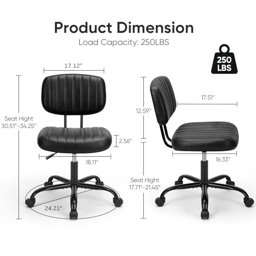 DUMOS Small Armless Home Desk Chair with Low Back Lumbar Support, Height Adjustable PU Leather Computer Task Chair with 360° Swivel Wheels, for Small Space, Adults, New Black