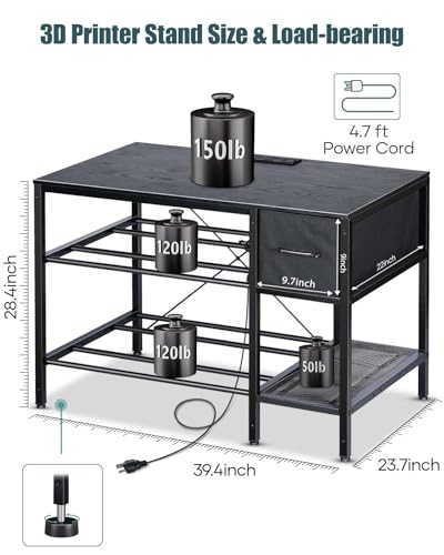 3D Printer Table with Filaments Storage - 3D Printer Stand Filament Storage Rack Heavy Duty 3D Print Desk with Drawer for Workshop Studio Office (Black)