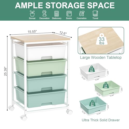 SYKIARIOL Utility Cart with 4 Drawers,Rolling Storage Cart with Drawers,Storage Rolling Drawer Cart with Wooden Tabletop for Bedroom,Kid's Room,Dorm,Classroom,Office,Green
