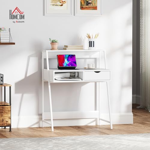 HOMCOM Home Office Desk, Computer Desk with A Frame for Small Spaces, Writing Table with Drawer and Storage Shelves, White