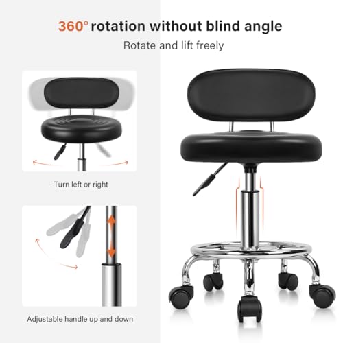 KKTONER PU Leather Modern Rolling Stool with Low Back Height Adjustable Work Salon Drafting Swivel Task Chair with Footrest (Black)