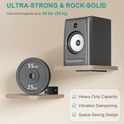 WALI Speaker Wall Mount, Heavy Duty Bookshelf Speaker Floating Wall Shelves, Surround Sound Speakers Stand for Living Room, Home Theater and Gaming Room, Holds up to 55 Lbs, (SWM302), 1 Pair, Wood