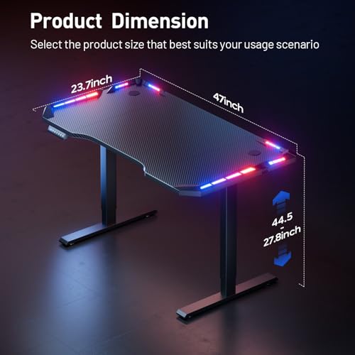 HLDIRECT Electric Gaming Standing Desk with LED Lights - 47“ Height Adjustable Sit Stand Desk, Carbon Fiber Gaming Table with Headphone Hook for Home Office PC Gamer, Black