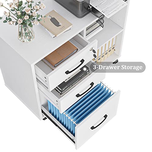 Panana 3 Drawer Office File Cabinets, Mobile Lateral Printer Stand with Open Storage Shelf, Rolling Filing Cabinet with Wheels Home Office Organization and Storage (White)