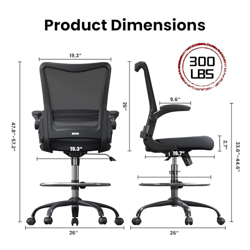 Drafting Chair Tall Office Chair for Standing Desk with Up & Down Flip-Up Armrest, 9” Adjustable Height High Desk Chair with Footrest Ring, 120° Recline Mesh Ergonomic Chair, 300 lbs