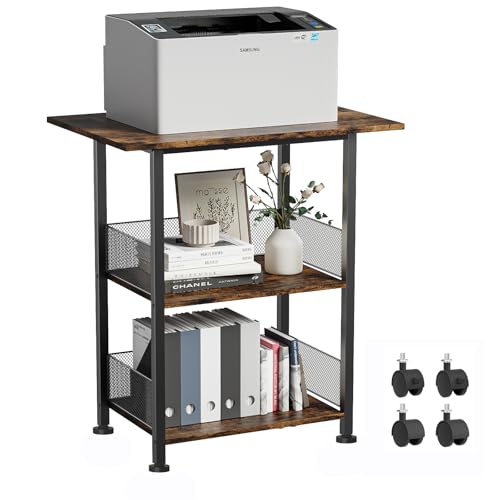BOHDK Printer Stand, 3-Tier Industrial Large Printer Table with Shelf, 23"x15" Mobile Heavy Duty Storage Rack on Wheels for Home Office Printer Fax Machine Scanner Copier