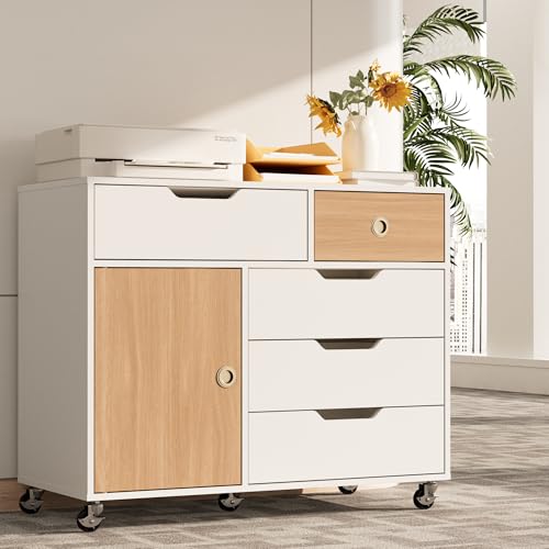 5 Drawers Mobile File Cabinet with Door, Rolling File Cabinet Printer Stand Table Craft Storage Cabinet, Under Desk Wooden Filing Cabinets for Home Office Essentials Storage Organization Furniture