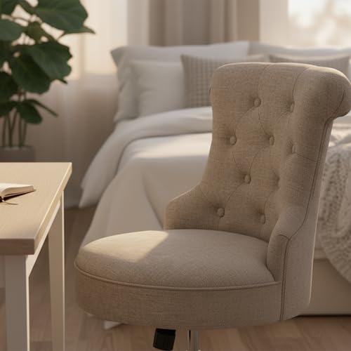 HUIMO Home Office Chair Upholstered Armless Linen Fabric Desk Chair with Wheels Adjustable Height Computer Desk Chair with Wooden Legs No Arms Swivel Chairs for Farmhouse Women Study Studio (Brown)