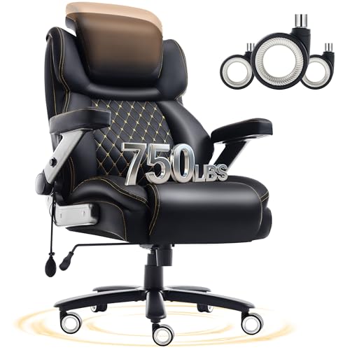 Oversized Big and Tall Office Chair 750lbs with Adjustable Headrest & Lumbar Airbag, Large Executive Chair with 5D Flip Arms, Heavy Duty Metal Base Chair with Hollow Casters & Thick Spring Seat, Black