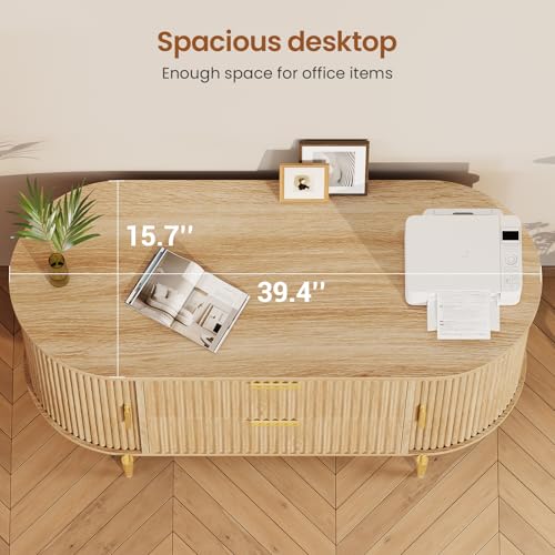 SEDETA 2 Drawer File Cabinet, 39.4" Filing Cabinet for Home Office, fit Legal/Letter/A4 Size, Modern Fluted Filing Cabinets with 2 Sliding Door Storage, Printer Stand, Natural