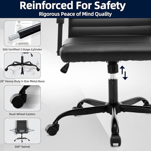 Haranuo Office Chair, Ergonomic Executive Conference Room Chairs, Ribbed Leather Desk Chair with Lumbar Support, Adjustable Height Mid-Back Swivel Chair with Padded Seat and Square Tube Armrests