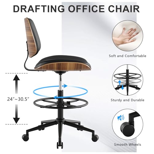 BERYTH Drafting Chair with Adjustable Footrest, Armless Modern Tall Office Chair for Standing Desk, PU Leather Swivel Stool in Curved Bentwood Style, Ergonomic Rolling Walnut Chair for Office(Black)