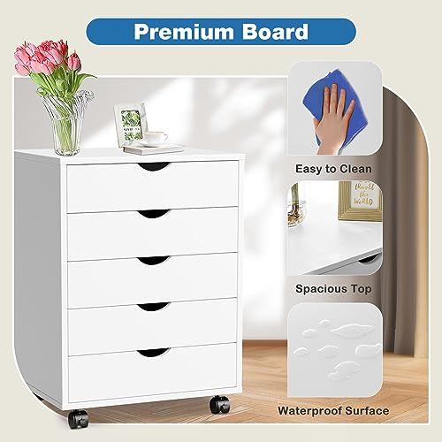 OLIXIS 5 Drawer Mobile File Cabinet Under Desk Storage Organization with Wheels Vertical Filing Chest Rolling Wood Small Desk Printer Stand for Home Office, 15.75"D x 18.74"W x 25.39"H, White