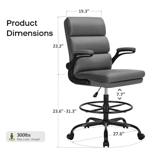 Drafting Chair Tall Office Chair with Padded Flip-up Armrests Executive Ergonomic Computer Standing Desk Chair with Comfortable Leather Backrest and Adjustable Footrest Ring (Gray)