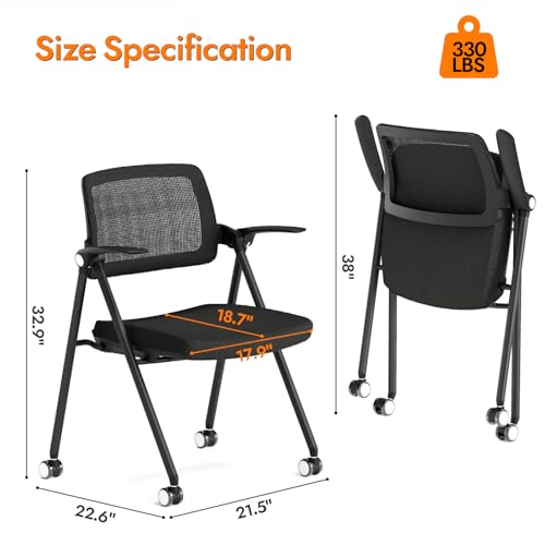 FYLICA Stackable & Foldable Office Chair Set of 2, Folding Desk Chair with Flip-Up Armrest, Breathable Mesh, Thick Seat Cushion & Rocking Backrest, Conference Room Chair with Wheel (Black)