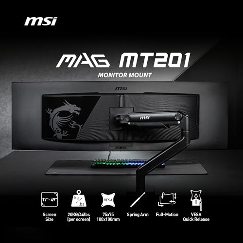 MSI MAG MT201 - Premium Heavy Duty Single Monitor Stand Arm, Supports 17-49" Screens and 44 lbs, VESA Compatible, Adjustable Spring Assisted Mount, Clamp & Grommet, Quick Release Plate - Black