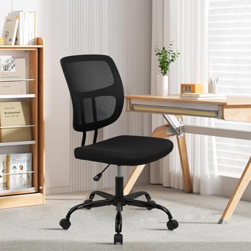 CLATINA Armless Home Office Chair, Small Ergonomic Mesh Back Desk Chair with Lumbar Support and Wheels, Adjustable Height 360° Swivel Rolling Computer Task Chair for Conference Waiting, Black