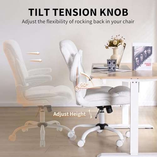 Home Office Ergonomic Desk Chair - Comfy Fabric Executive Chair with Flip-Up Armrests, Height Adjustable Computer Chair for Gaming, 360° Swivel & Rocking (White)