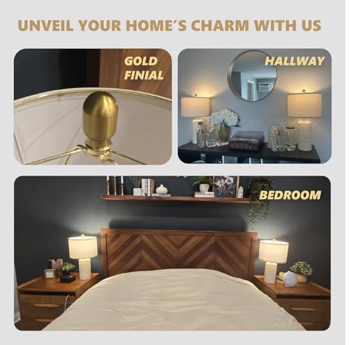PoKat 20.75" Small Modern Ceramic Table Lamps Set of 2 for Bedroom, White Bedside Lamps for Night Stands, Farmhouse Desk Home Decor Gift Nightstand Table Lamps for Living Room End Table Beige