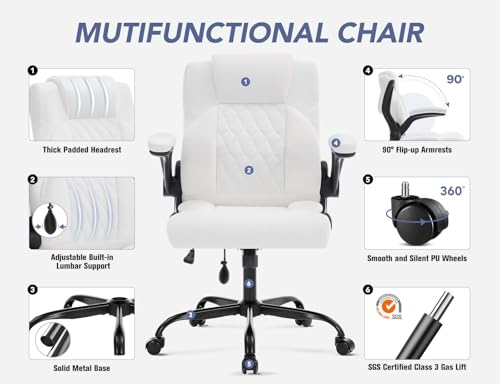 Office Chair with Adjustable Inflatable Lumbar Support,Leather Ergonomic Computer Desk Chair with Flip-up Arms,Adjustable Tilt Lock,Swivel Rolling Executive PC Chair for Work,Study,Meeting.White