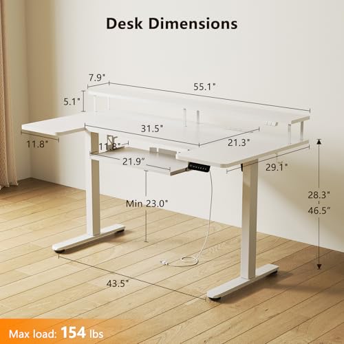 OffiGo U Shaped Electric Standing Desk with Keyboard Tray, 55 Inch Height Adjustable Desk with Power Outlets & LED Lights, Sit Stand Table with Monitor Stand for Home, Office, White