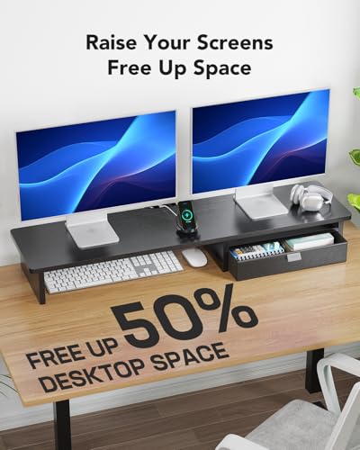 HUANUO Large Dual Monitor Stand with Drawer, Wood Monitor Stand Riser for 2 Monitors with Storage & Cable Management, Desktop Organizer up to 55" fit Monitor, Computer, TV, Printer