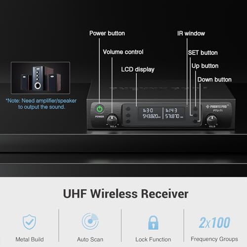 Phenyx Pro Wireless Microphone System, Dual Wireless Mics,w/ 2 Handhelds, Auto Scan,2x100 UHF Frequencies,328ft Range,Dynamic Microphone for Singing, Karaoke, Church(PTU-71-2H)