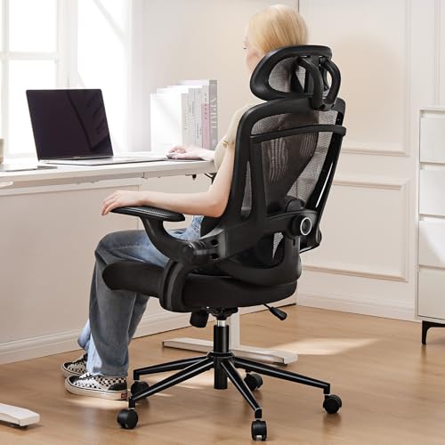 Sweetcrispy Office Ergonomic Desk Chair, 300 LBS Home Mesh Chairs with Wheels, 2D Headrest, Up&Down Lumbar Support, Swivel High Tall Back Computer with Flip-up Armrests, Dark Black