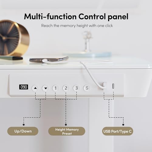 BANTI Electric Standing Desk with Drawers, 48 inch Whole-Piece Glass Desktop, Height Adjustable Stand up Sit Stand Home Office Ergonomic Workstation, White Tabletop