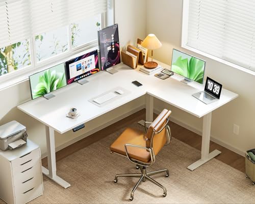 Casaottima 63 Inch Electric L-Shaped Standing Desk, Reversible Corner Desk with Height Adjustment, Large Ergonomic Workstation for Home Office, Reception Room, White