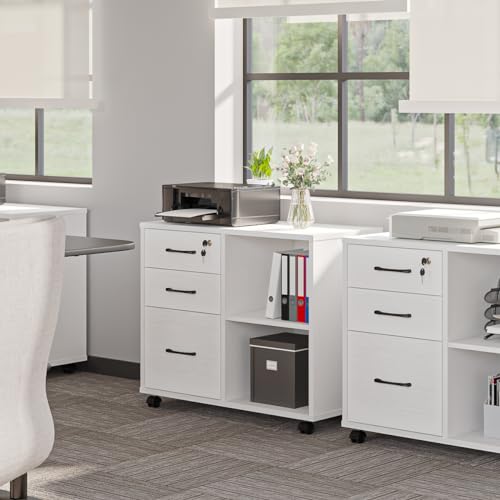 Panana 3 Drawer Office File Cabinets, Mobile Lateral Printer Stand with Open Storage Shelf, Rolling Filing Cabinet with Wheels Home Office Organization and Storage (White)