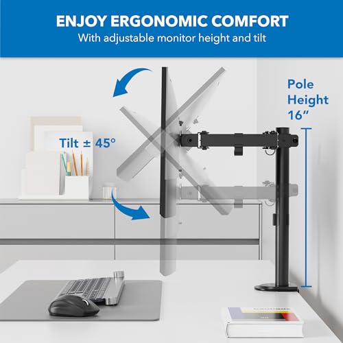 Mount-It! Single Monitor Arm Desk Mount for 17-32 Inch Screens, Holds up to 19.8 lbs, Full Motion Computer Monitor Stand, Steel, Clamp and Grommet Base, VESA 75x75 100x100, Cable Management, Black