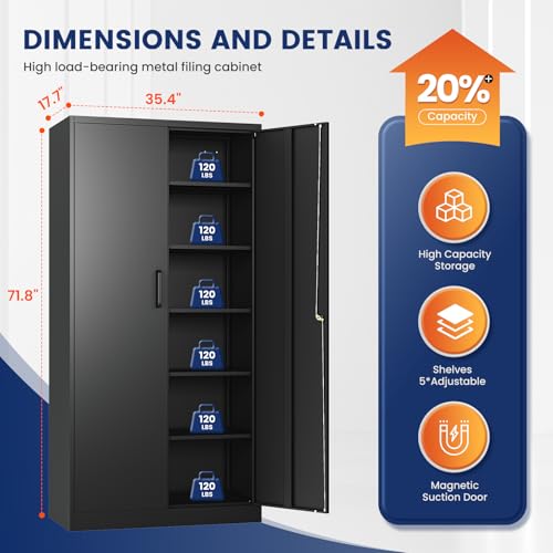 Yizosh Metal Storage Cabinet with Lock - 72" Garage Storage Cabinet with 2 Locking Doors and 5 Adjustable Shelves, Black Steel Lockable for Office,Home,Garage