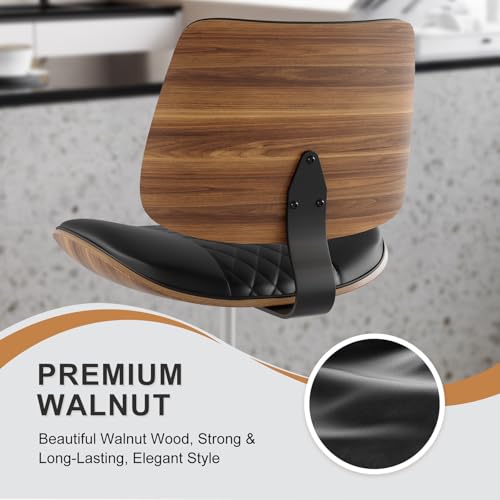 BERYTH Drafting Chair with Adjustable Footrest, Armless Modern Tall Office Chair for Standing Desk, PU Leather Swivel Stool in Curved Bentwood Style, Ergonomic Rolling Walnut Chair for Office(Black)