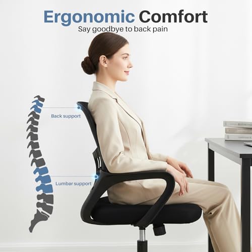 DUMOS Home Office Chair - Ergonomic Mid Back Mesh Desk Chair with Lumbar Support & Rocking Mode, Height Adjustable, Fixed Armrest, for Conference, Computer, 360° Swivel, Adults, Black