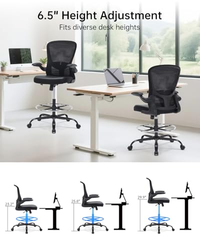 Drafting Chair Tall Office Chair with Flip-up Arms Adjustable Height Standing Desk Chair with Lumbar Support and Footrest Ring Ergonomic Executive Computer Chair Swivel Drafting Stool for Work/Drawing