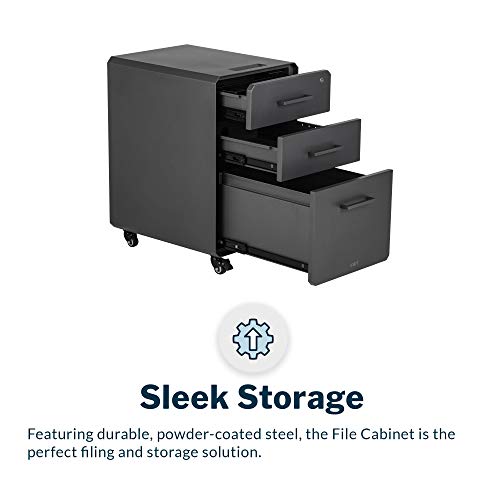 Vari Three Drawer File Cabinet - Mobile Filing Cabinet for Home or Office - Hanging File Storage - Lockable Drawers with Heavy-Duty Steel and Rolling Casters - Charcoal Grey