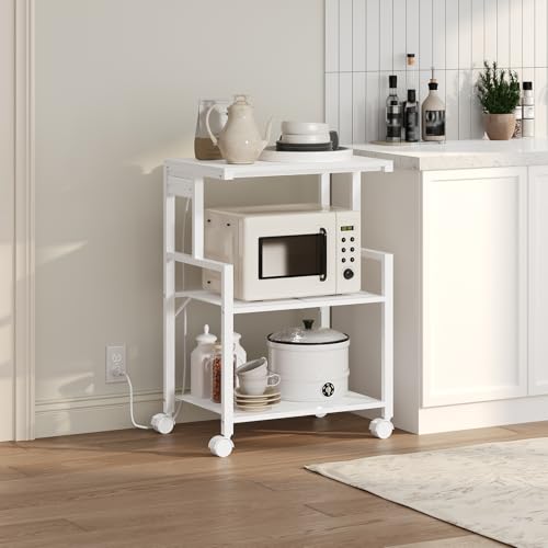 MAHANCRIS Mobile Printer Stand, 3-Tier Industrial Printer Cart with 2 AC Outlets and 2 USB Ports, Rolling Printer Table on Wheels for Home Offices Kitchen Organization Rack, White PTWT78E01
